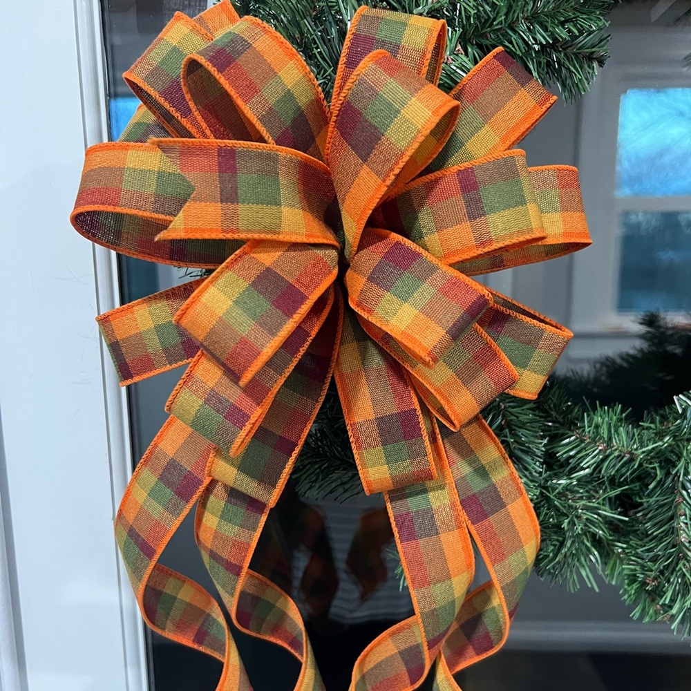 Fall or Halloween Plaid Holiday Bow with Orange and Green Accents